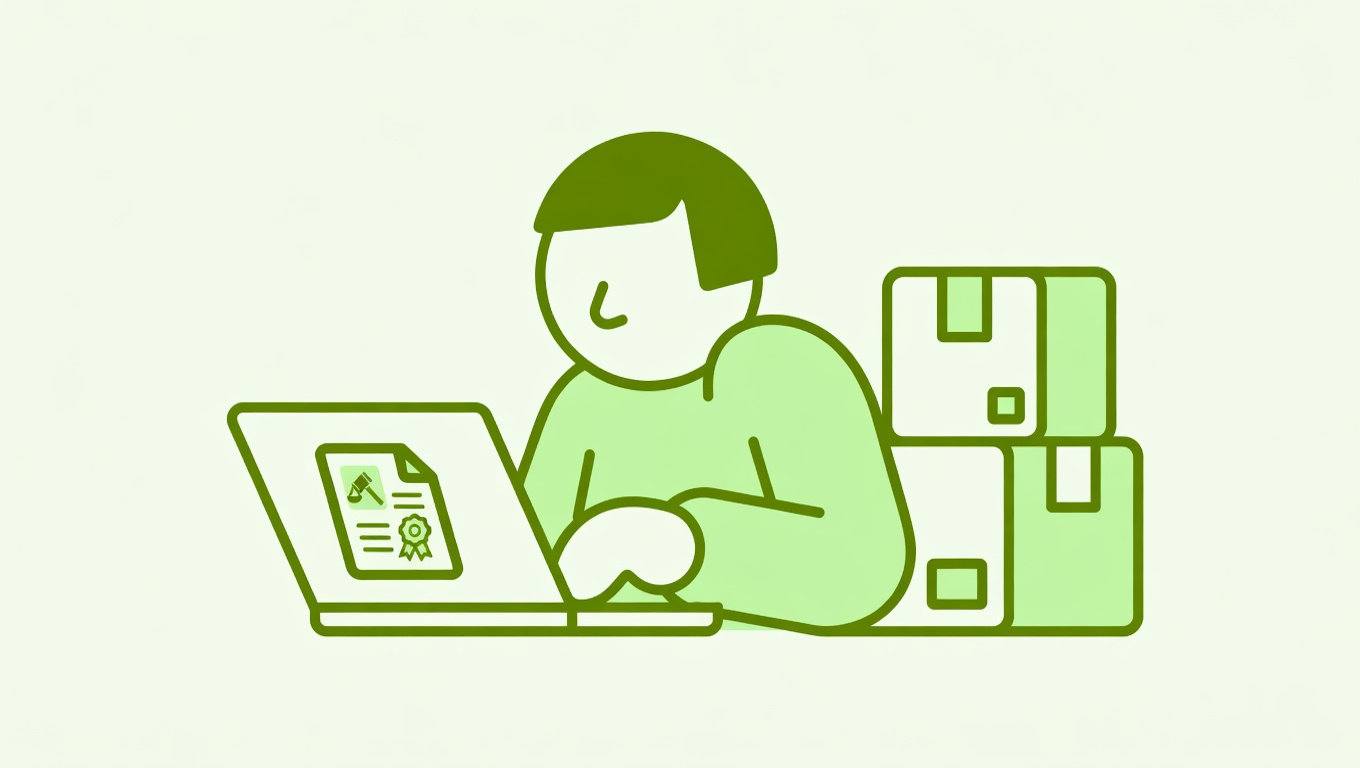 Shopify store owner reviewing an email request from a customer on a laptop, with a legal document icon overlay