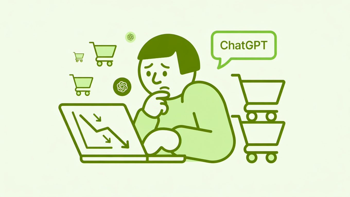 Shopify merchant looking at a declining sales chart on a laptop with a ChatGPT chat bubble and shopping cart icons around them