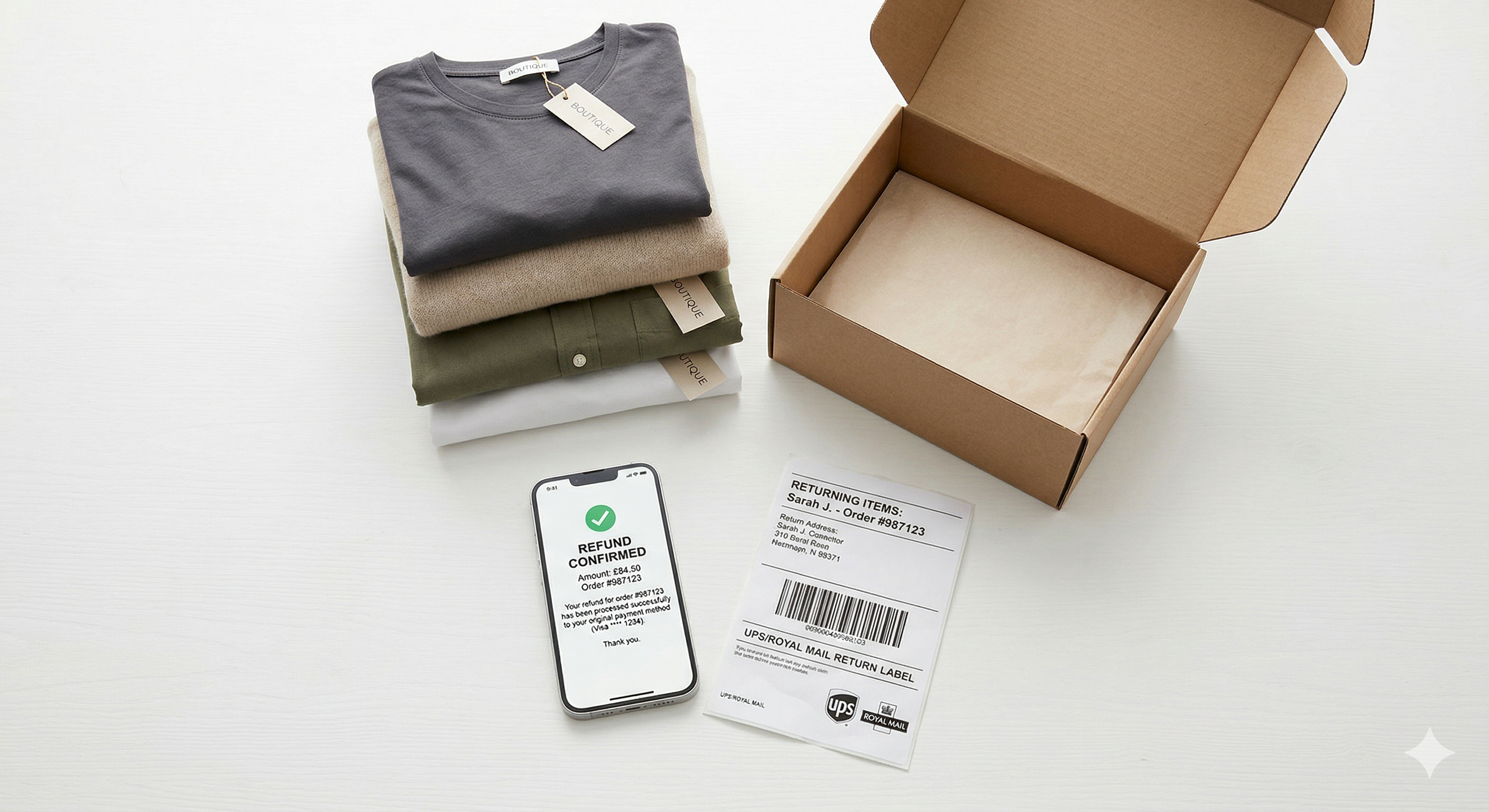 A frustrated online shopper looking at a laptop surrounded by clothing items and return packaging.