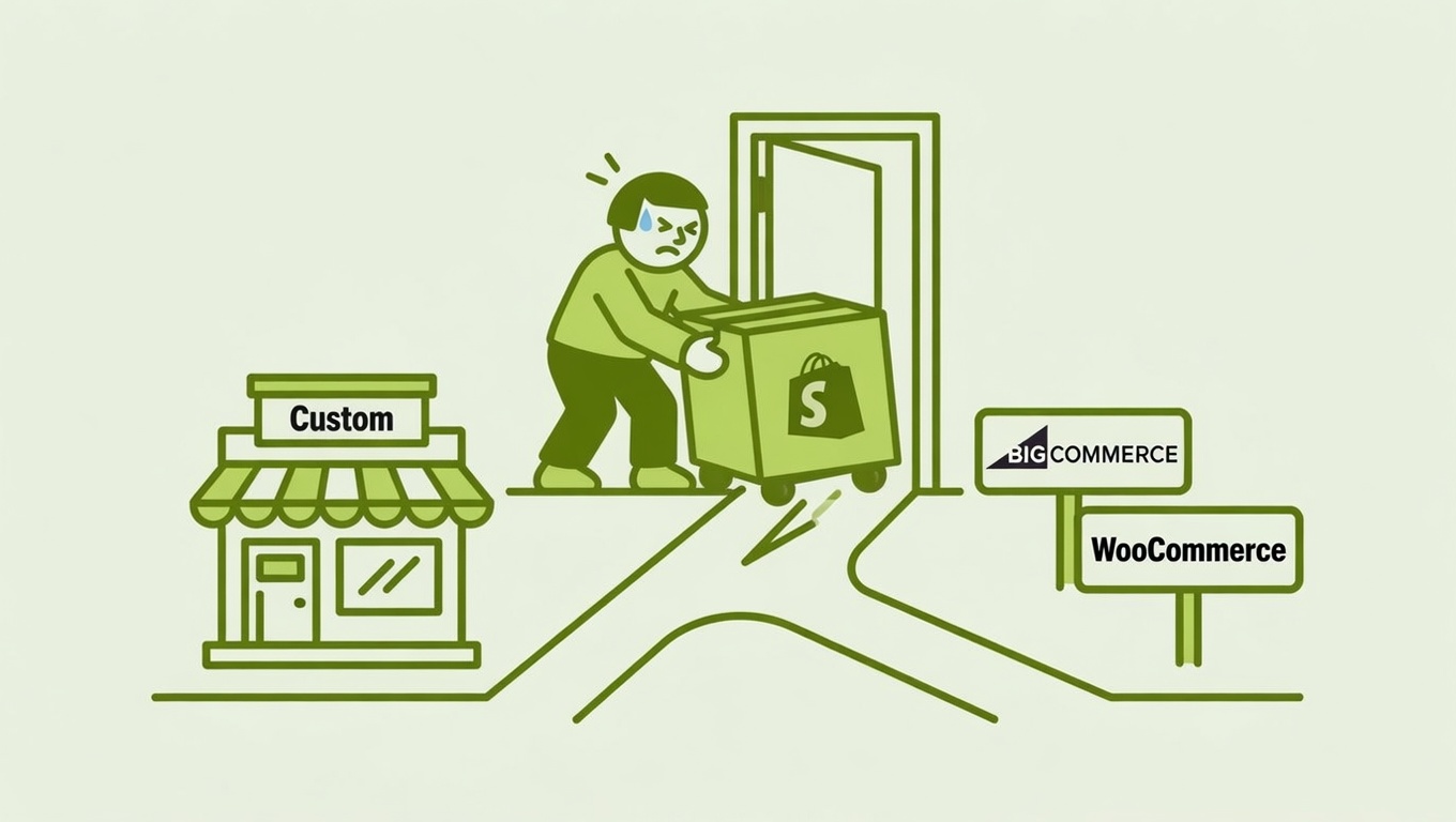 A store owner standing at a crossroads between a Shopify storefront and a custom-built ecommerce stack, with a price tag and developer icons in the background