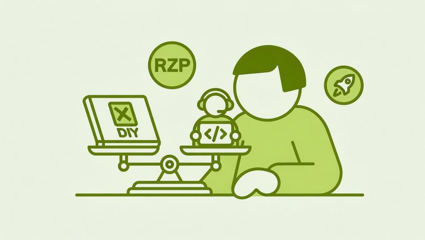 Store owner at a desk weighing two options: building a Shopify store solo vs. hiring a developer, with Razorpay and Shiprocket logos nearby