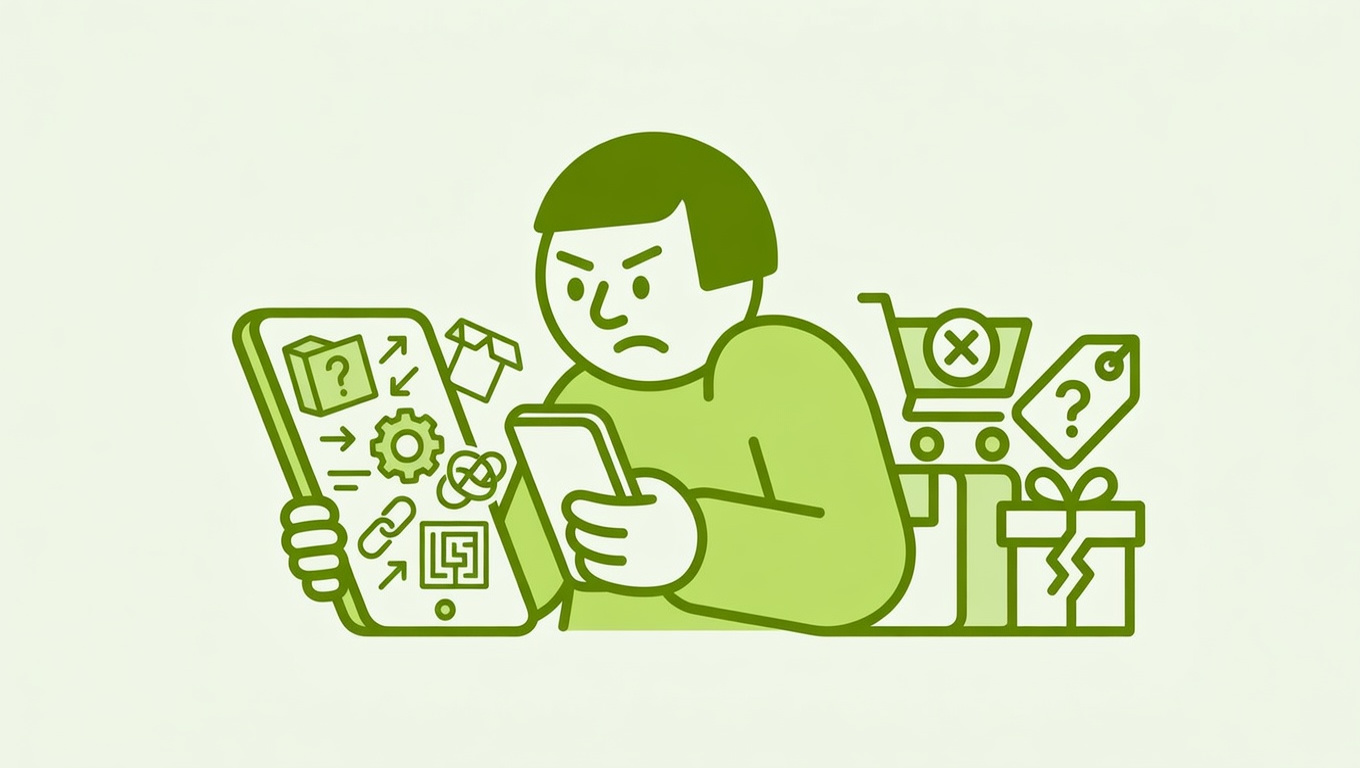 Frustrated online shopper staring at a phone displaying confusing AI search results instead of relevant products